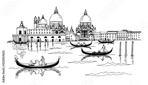 venice cityscape with gondolas line art drawing