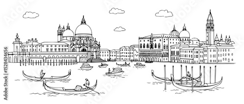 venice skyline with gondolas hand drawn illustration