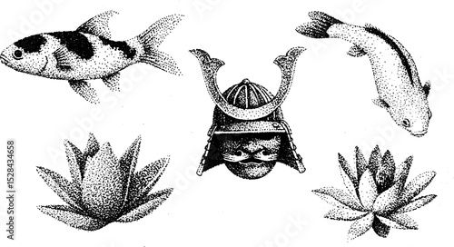 Intricate stippling design featuring samurai helmet, koi fish, and lotus flowers