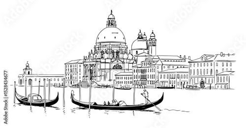 venetian buildings and gondolas on canal detailed sketch