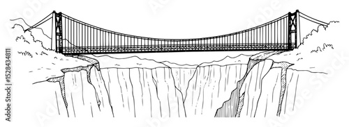 suspension bridge over canyon hand drawn illustration