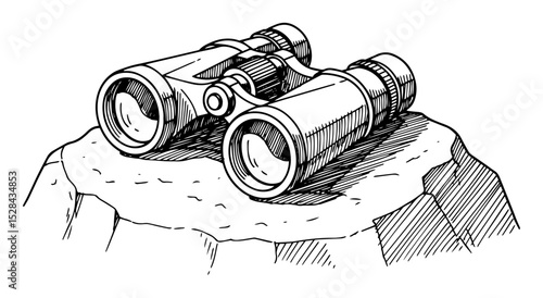 binoculars on rock observation sketch illustration