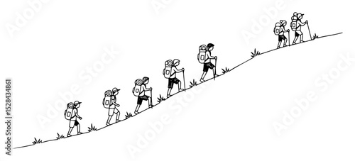 group of hikers ascending mountain slope illustration
