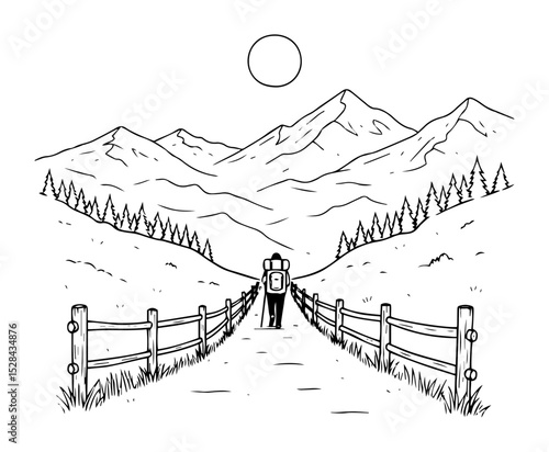 hiker walking toward mountains through wooden fence path