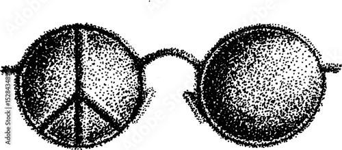 Peace symbol with glasses in stippling ink hyper-detailed illustration. Monochrome design with intricate artistic dots and texture.