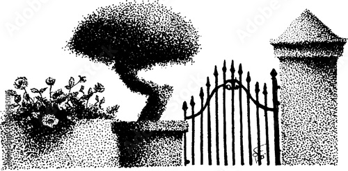 Hyper detailed stippling ink landscape with gate and topiary tree
