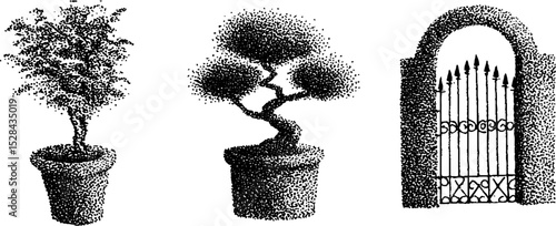 Intricate stippling ink set: bonsai trees and ornate garden gate illustration