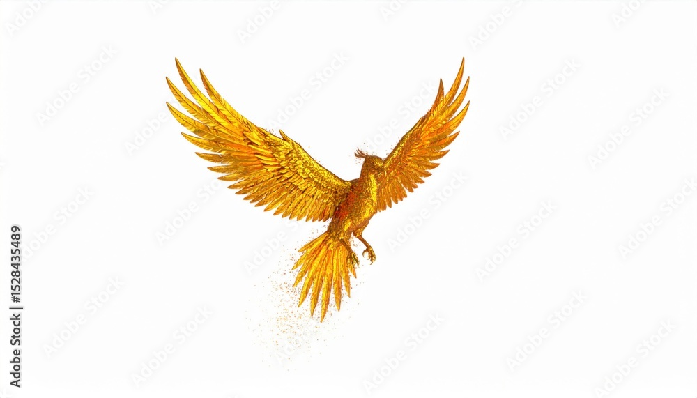 Obraz premium Golden Phoenix Soaring Through White Sky