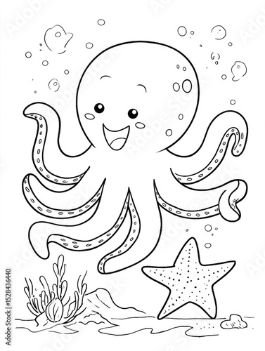Kids Coloring Book Page Ocean Theme, Easy Coloring Page, Octopus Coloring Page, Cute Coloring Page, Kids Coloring Book