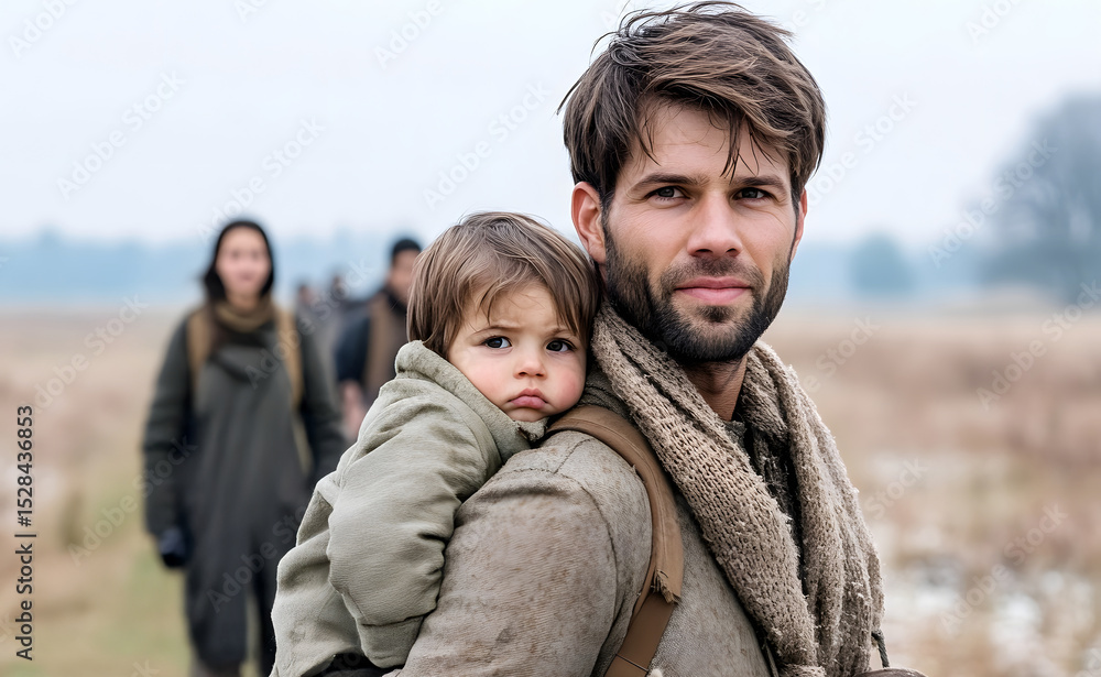 Fototapeta premium young father carrying child on his back,concept forced migration,family resilience,survival struggle,emotional bond,war refugees,seeking safety,displacement trauma,uncertain future,hope in adversity
