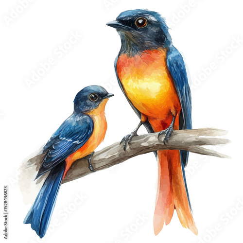 A Mother Trogon With Her Kid, watercolor vector, high quality, isolated on a white background.