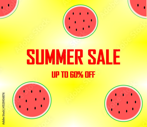 Bright banner for summer sales with watermelon wedges and the inscription "Summer Sale. Up to 60% off"