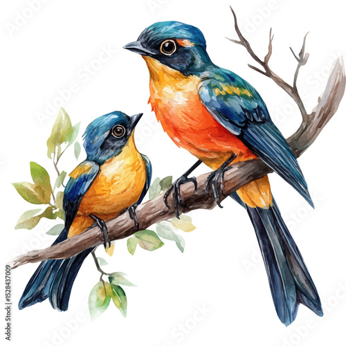 A Mother Trogon With Her Kid, watercolor drawing vector, high quality, isolated on a white background.