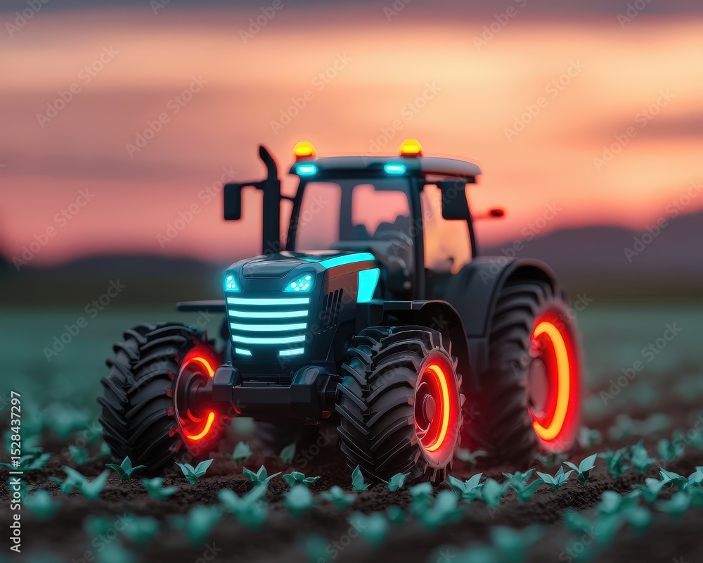 Obraz premium A futuristic tractor with glowing red wheels working in a field at sunset, highlighting advanced agricultural technology.