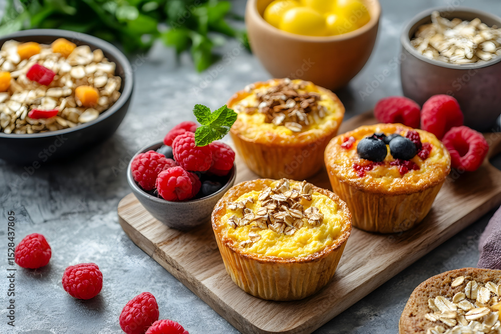 Energy-filled breakfast scene with egg muffins and protein oats Energy-filled breakfast scene with egg muffins and protein oats