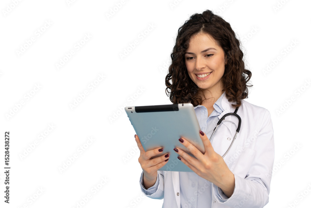 Female doctor wearing lab coat and stethoscope, smiling while using digital tablet, isolated on transparent background Female doctor wearing lab coat and stethoscope, smiling while using digital tablet, isolated on transparent background