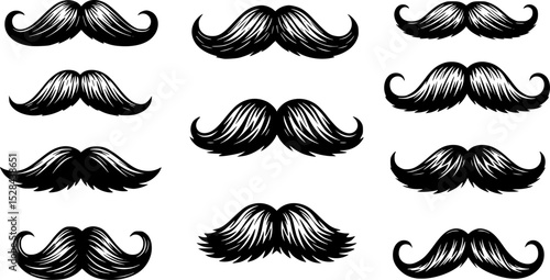 mustache silhouettes in vector retro style, mustache silhouettes with sunglass, top hat, hats, outline coloring book page line art etc