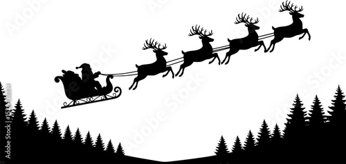 Santa Claus is flying in sleigh with Christmas reindeer silhouettes