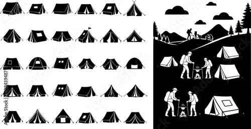 set of vector camping tent, tent icon, camping silhouettes collection, People camping scene, Landscape - camping in mountains silhouettes