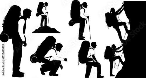 backpacker vector silhouettes, Male and female hiker with backpack, Climber hiker backpacker silhouette