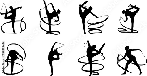 set of black various poses ribbon rhythmic gymnastics vector silhouette
