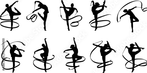 set of black various poses ribbon rhythmic gymnastics vector silhouette
