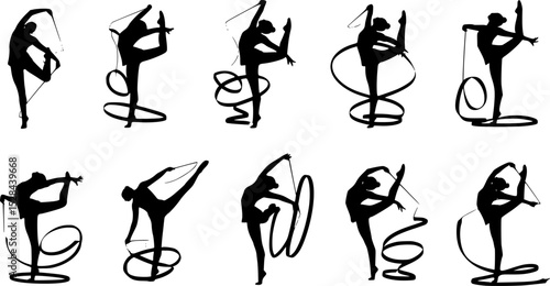 set of black various poses ribbon rhythmic gymnastics vector silhouette
