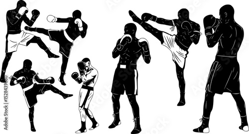 set of black boxer, kickboxing kick boxer boxing men, boxer throwing a punch silhouettes