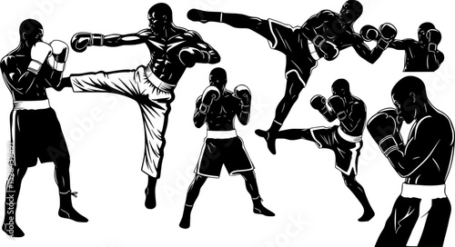 set of black boxer, kickboxing kick boxer boxing men, boxer throwing a punch silhouettes