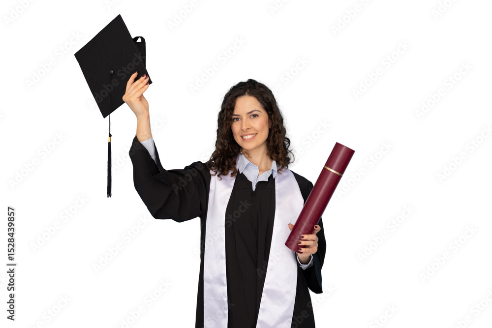 Graduate in academic gown, raising mortarboard, holding diploma, celebrating academic achievement against transparent backdrop Graduate in academic gown, raising mortarboard, holding diploma, celebrating academic achievement against transparent backdrop