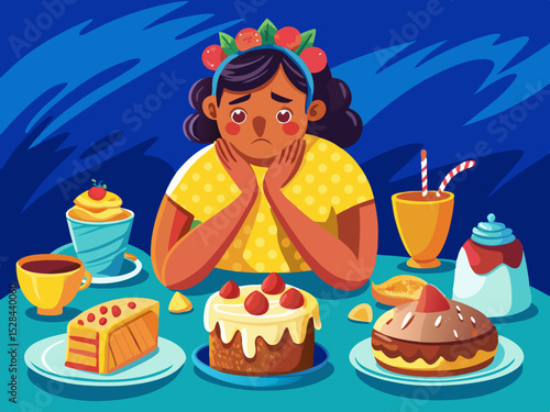 The concept of gluttony and gluttony, upset crying ethnic woman reluctantly eats a piece of cake, sits at the table with many desserts, isolated on a blue wall, feeling hungry and greedy, wearing a ye