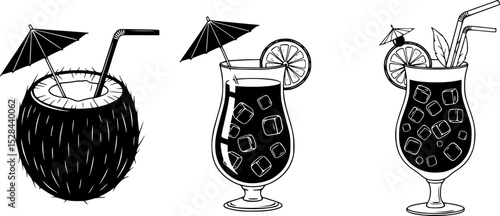 set vector coconut drink, tropical coconut drink, cocktail coconut drink, umbrella with coconut drink
