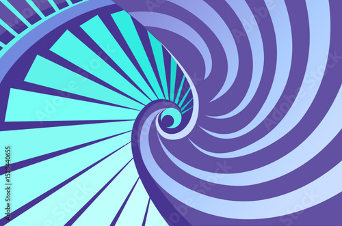 Colourful abstract black and white concentrical spiral staircase optical illusion, distorted circular stairs top view flat style vector illustration wallpaper