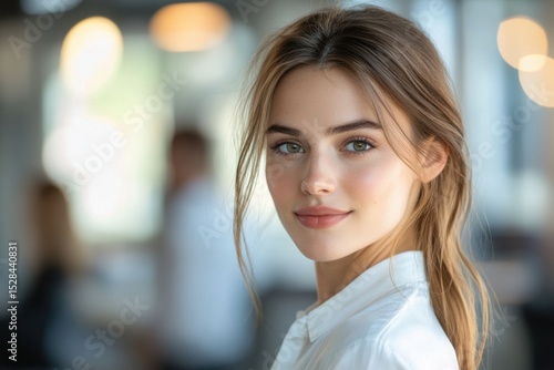 Wallpaper Mural Portrait of a smiling young woman dressed casually in a bright modern office. Generated AI Torontodigital.ca