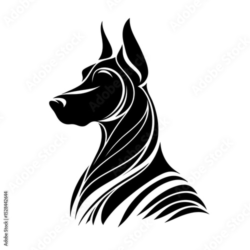 Vector illustration of dobermann designed in blackand white strokes and lines. Family pet, love and care for animals, adoption fair. Types of breeds	