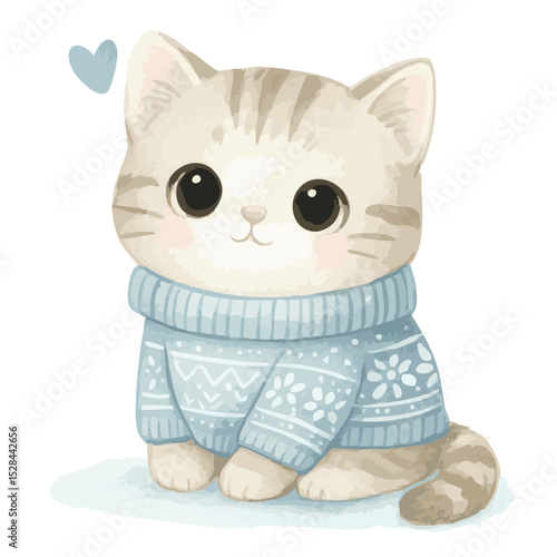 Cute cartoon kitten with big eyes wearing a blue winter sweater and sitting on a light background