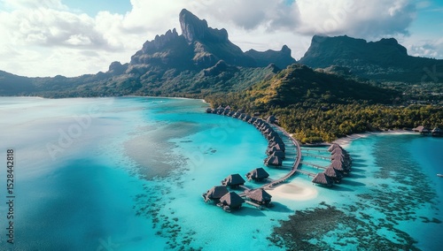 Cinematic aerial shot of Bora Bora overlooking the turquoise waters and mountainous backdrop, with an array of overwater bungalow huts along its length Generative AI