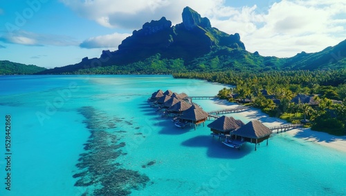 Cinematic aerial shot of Bora Bora, the stunning travel movie featuring the turquoise waters and lush greenery of Tahiti with an iconic black rock mountain in the background Generative AI