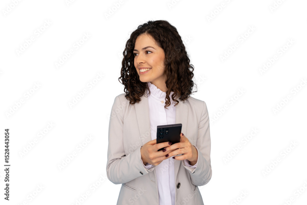 Young businesswoman is using a smartphone and looking away, smiling, on transparent background Young businesswoman is using a smartphone and looking away, smiling, on transparent background