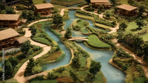 Wallpaper Mural Intricate details of a sustainable rural community model showcasing an innovative irrigation system winding through lush green fields and traditional houses Torontodigital.ca
