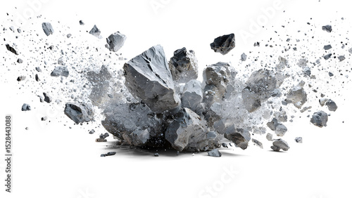 A cataclysmic explosion of grey rock fragments, isolated on transparent background, creates a dramatic visual spectacle