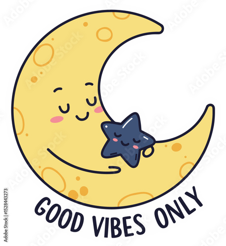 Cute Sleeping Moon Star Good Vibes Only. Carton sticker design