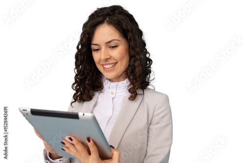 Wallpaper Mural Businesswoman smiling while engaging with a digital tablet, showcasing technology and professionalism against a transparent background Torontodigital.ca
