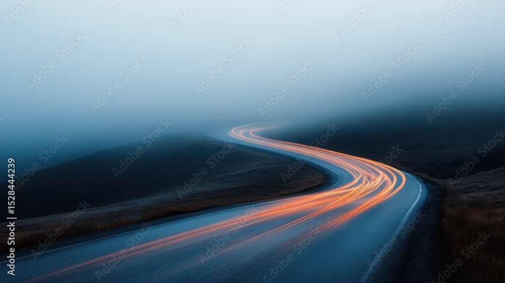 Naklejka premium A winding road vanishing into a foggy landscape, with soft light trails indicating movement, creating a sense of mystery and adventure in a serene yet eerie environment.