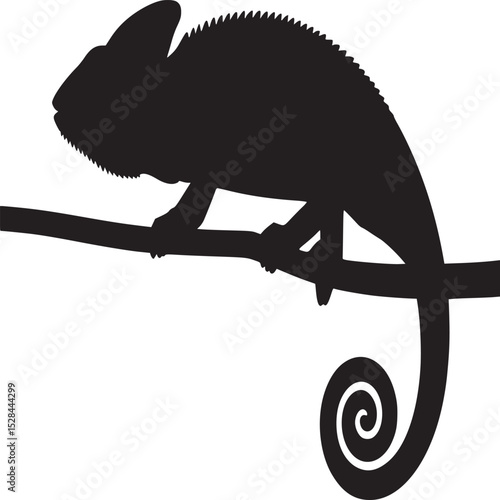 Silhouette of a chameleon perched on a branch with a curled tail against a white background