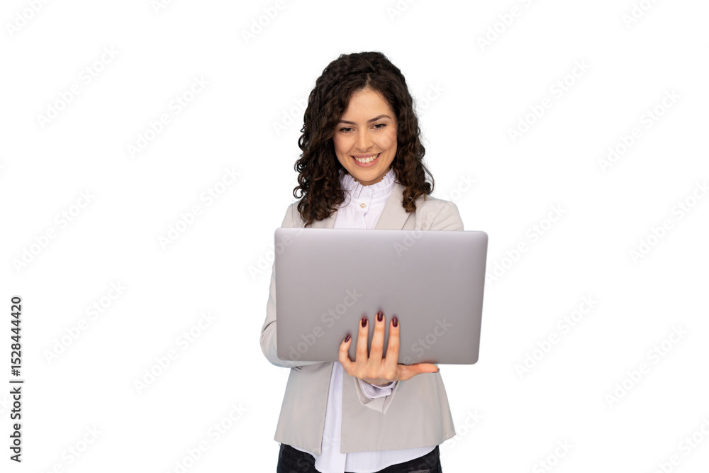Happy businesswoman holding and using laptop with transparent background, perfect for easy compositing Happy businesswoman holding and using laptop with transparent background, perfect for easy compositing