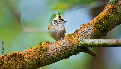 crested goldcrest bird sitting on tree branches in a spring park with its comb fluffed up