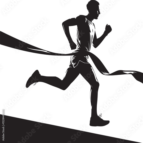 Silhouette of a runner breaking the finish line tape with a beige background and black foreground