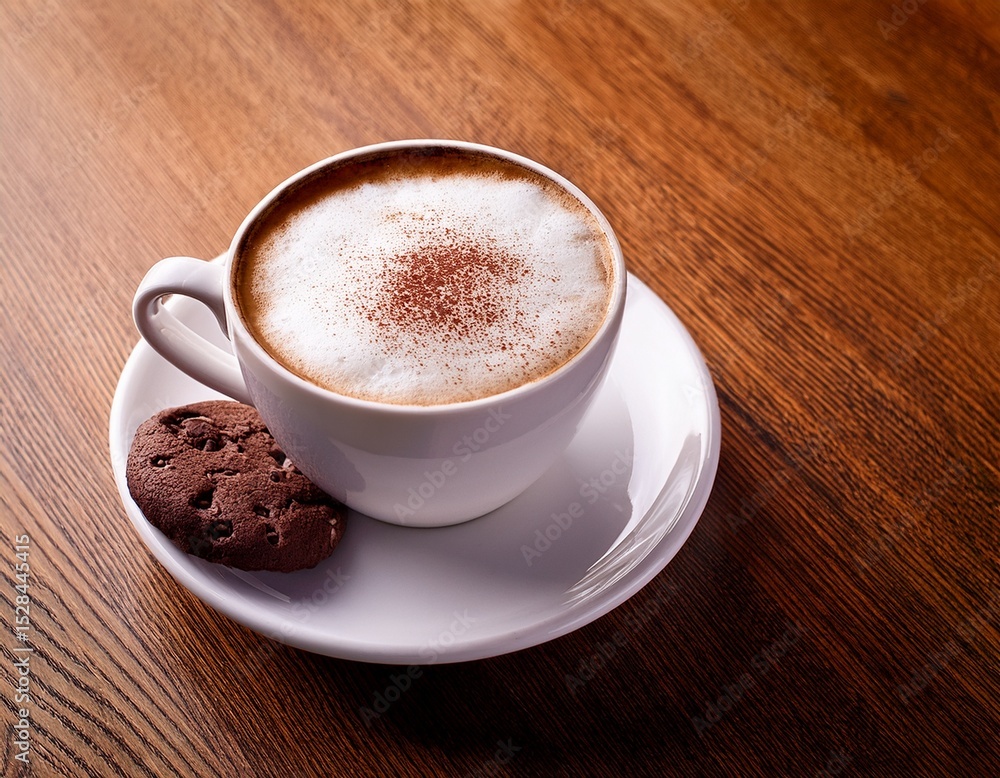 cup of cappuccino with a chocolate cookie cup of cappuccino with a chocolate cookie