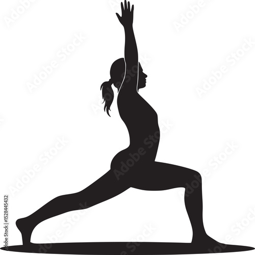 Silhouette of a woman in warrior one yoga pose with arms raised against a white studio background